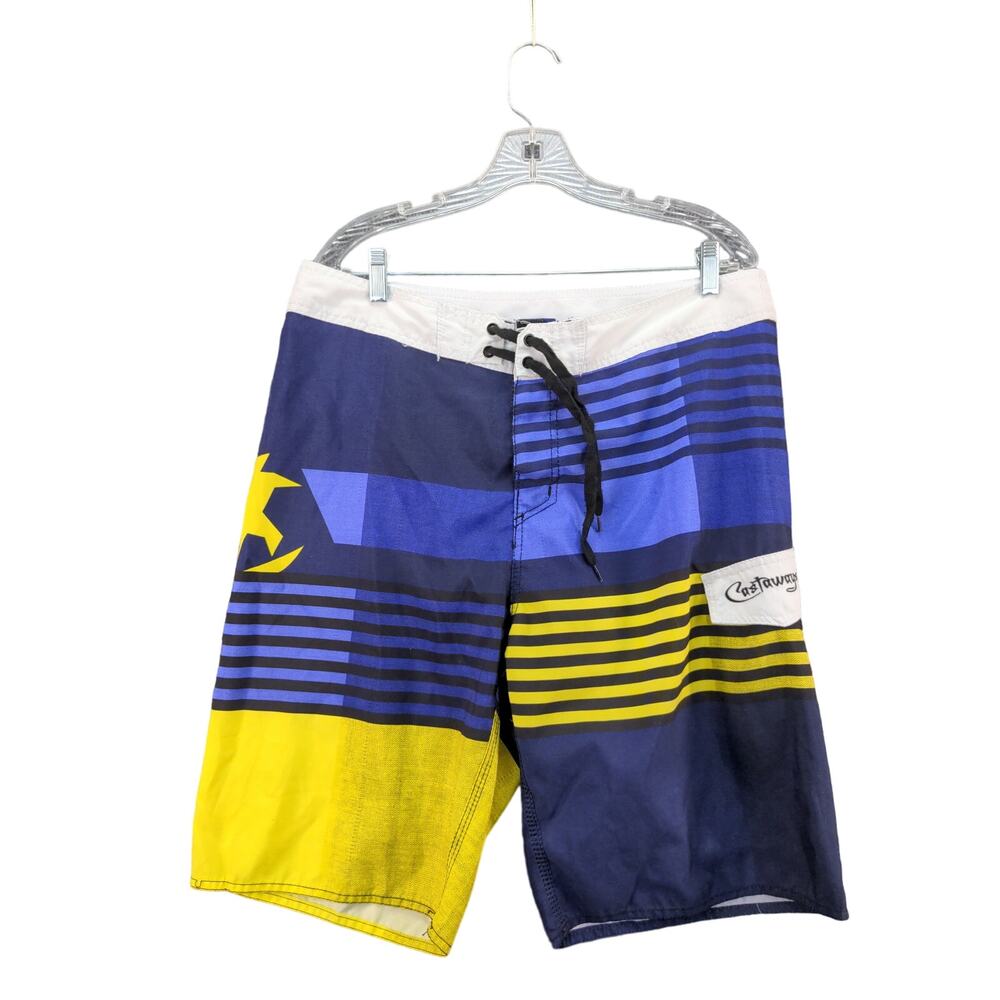 Mens Castaways Board Shorts Trunks Size XL 36 Blue & Yellow Logo